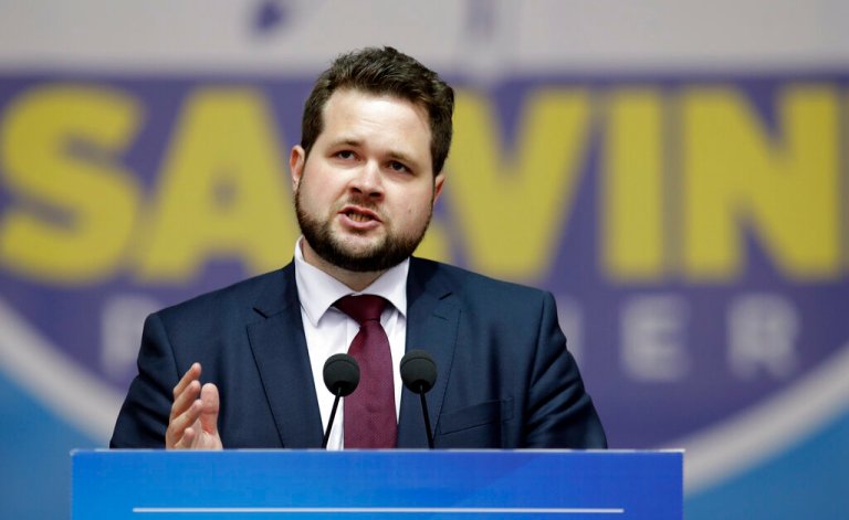 Anders Vistisen, leader of the Danish People's Party, speaks during a rally organized by League leader Matteo Salvini, with leaders of other European nationalist parties, ahead of the May 23-26 European Parliamentary elections, in Milan, Italy, Saturday, May 18, 2019. (AP Photo/Luca Bruno)