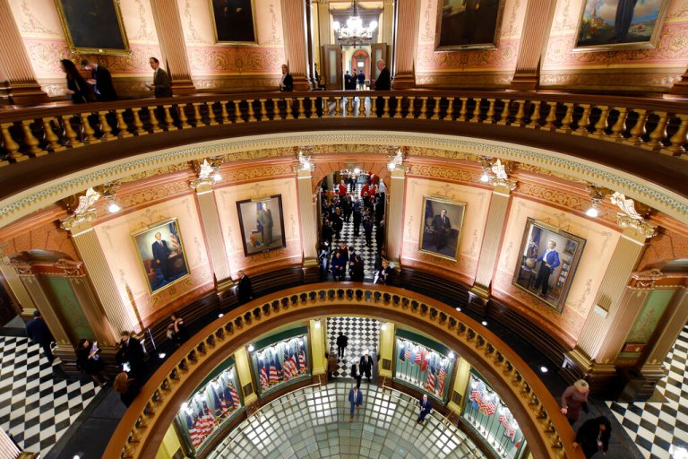 The Rotunda of the Michigan State Capitol is shown after Michigan Gov. Gretchen Whitmer delivered her State of the State address, Jan. 29, 2020, in Lansing, Mich. (AP Photo/Al Goldis)