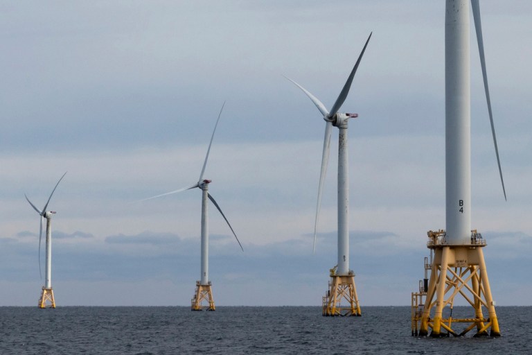 Turbines operate at the Block Island Wind Farm.
