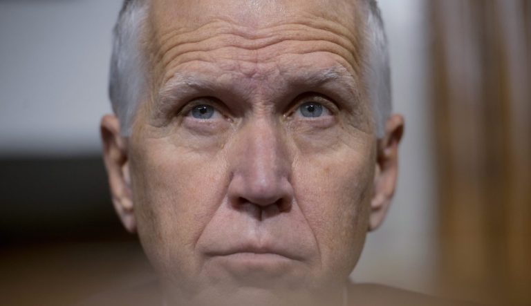 Sen. Thom Tillis, R-N.C., listens to testimony of U.S. Secret Service Acting Director Ronald Rowe and Federal Bureau of Investigation Deputy Director Paul Abbate, during a Senate Committee on Homeland Security and Governmental Affairs Senate Judiciary hearing examining the security failures leading to the assassination attempt on Republican presidential candidate former President Donald Trump, Tuesday, July 30, 2024 in Washington. (AP Photo/Rod Lamkey, Jr.)
