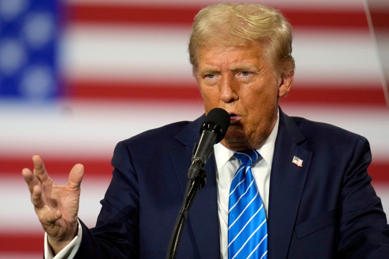 Then-Republican presidential nominee Donald Trump speaks at a campaign event at Dane Manufacturing, Tuesday, Oct. 1, 2024, in Waunakee, Wis. (AP Photo/Charlie Neibergall)