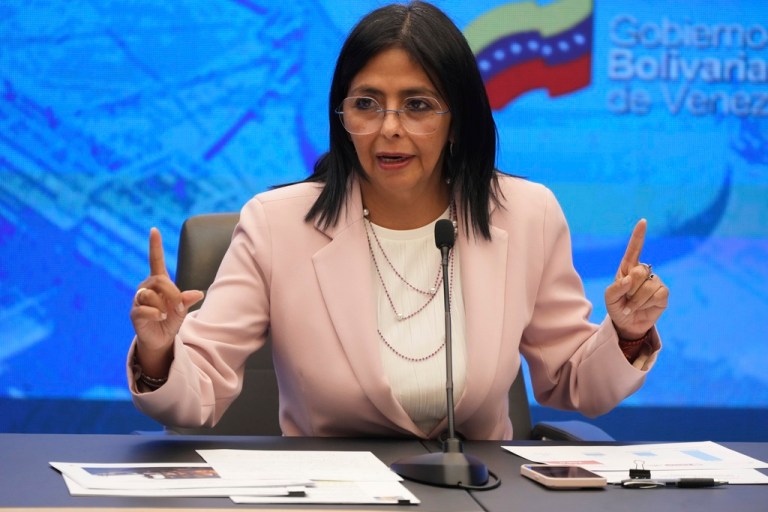 Venezuelan Vice President Delcy Rodriguez speaks to the press in Caracas.