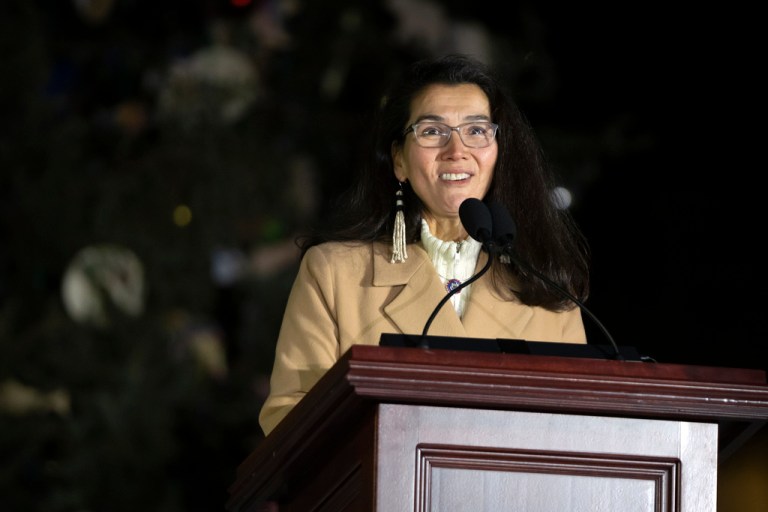 Rep. Mary Peltola, D-Alaska, speaks during the U.S. Capitol Christmas tree lighting ceremony on the West Front of the Capitol, Tuesday, Dec. 3, 2024, in Washington.