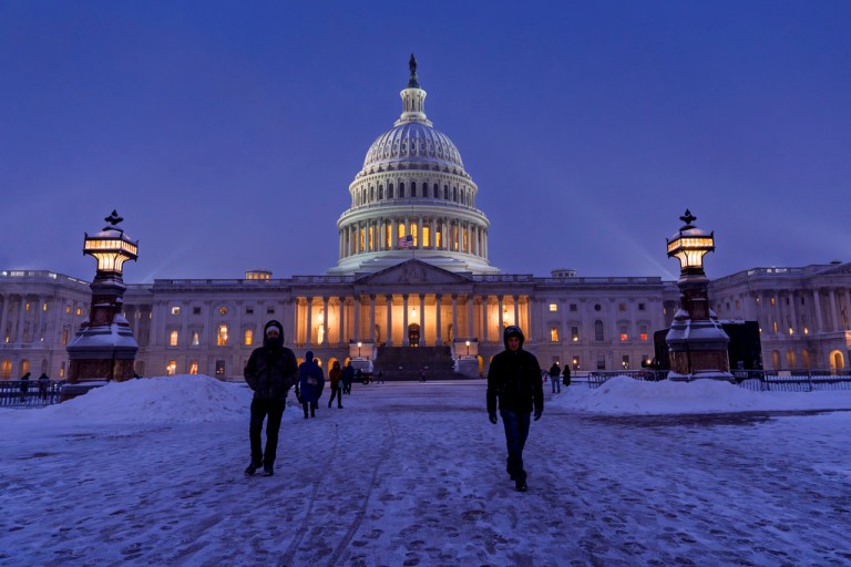 Capitol Hill is serene as snow continues to blanket Washington, Monday, Jan. 6, 2025. (AP Photo/J. Scott Applewhite)