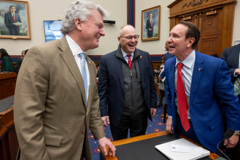 Rep. Pete Stauber talking to Louisiana Gov. Jeff Landry and Rep. Mike Collins