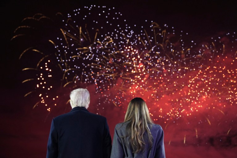 President-elect Donald Trump, Melania Trump and family watch fireworks at Trump National Golf Club, Saturday, Jan. 18, 2025, in Sterling, Va.