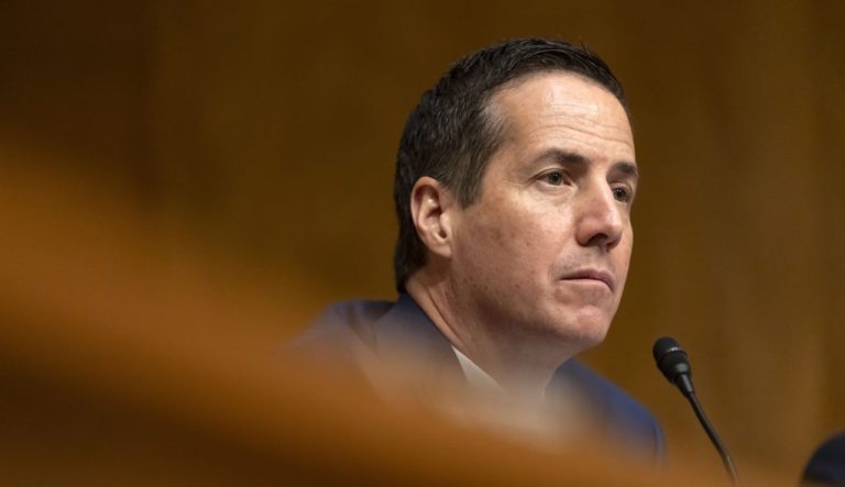 Sen. Bernie Moreno, R-Ohio, listens during a hearing of the Senate Committee on Homeland Security and Governmental Affairs on Capitol Hill, Thursday, April 3, 2025, in Washington. (AP Photo/Mark Schiefelbein)
