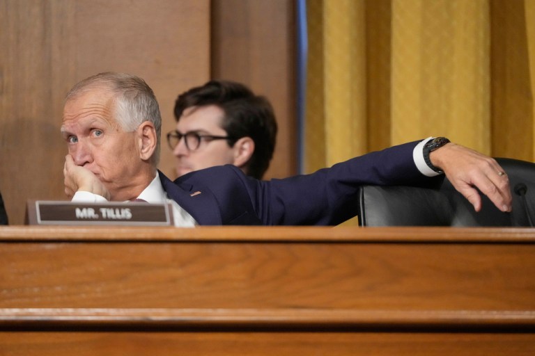 Sen. Thom Tillis, R-N.C., listens as U.S. Trade Representative Jamieson Greer as he testifies before the Senate Finance Committee on Capitol Hill in Washington, Tuesday, April 8, 2025