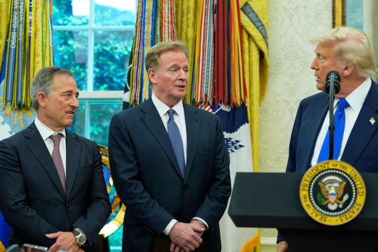 President Donald Trump, from right, speaks NFL Commissioner Roger Goodell and Washington Commanders owner Josh Harris listen during an event to announce that the 2027 NFL Draft will be held on the National Mall, in the Oval Office of the White House, Monday, May 5, 2025, in Washington.