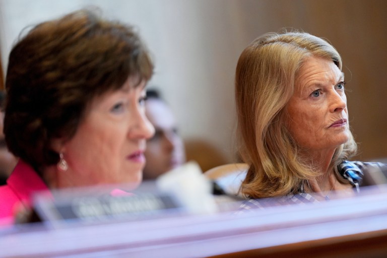 Sen. Susan Collins, R-Maine, left, and Sen. Lisa Murkowski, R-Alaska, right, attend a Senate Appropriations hearing, Wednesday, June 4, 2025, on Capitol Hill in Washington