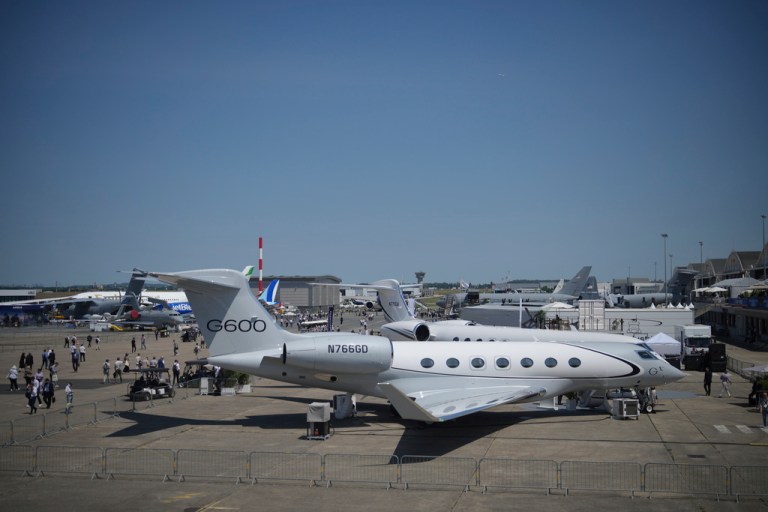 A Gulfstream G600 is presented at the Paris Air Show, Wednesday, June 18, 2025 in Le Bourget, north of Paris. (AP Photo/Thibault Camus)