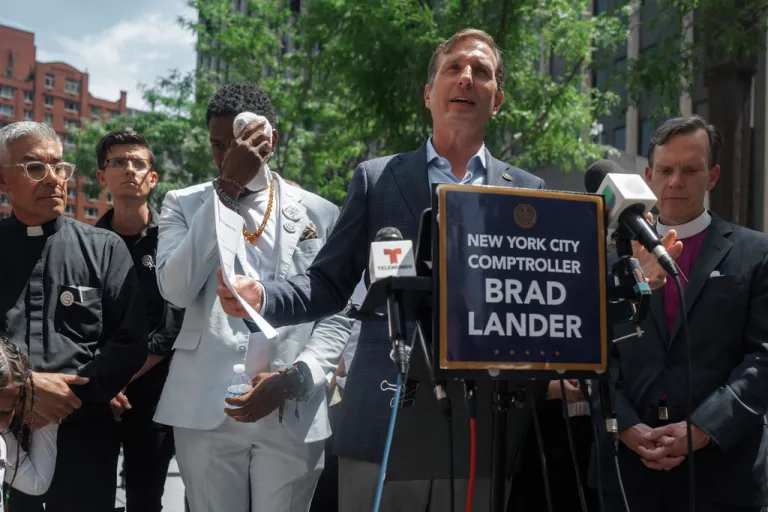 Rep. Dan Goldman (D-NY) speaks during a press conference outside an immigration court building.
