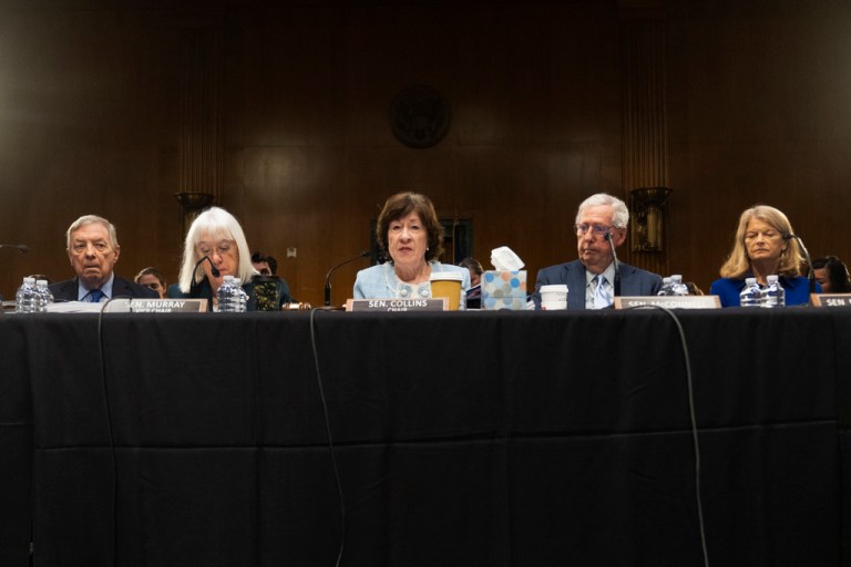 Sen. Richard Durbin, D-Ill., from left, Vice Chairman Sen. Patty Murray, D-Wash., Senate Appropriations Committee Chairman Sen. Susan Collins, R-Maine, Sen. Mitch McConnell, R-Ky., and Sen. Lisa Murkowski, R-Alaska, are seated during a Senate Appropriations Committee meeting