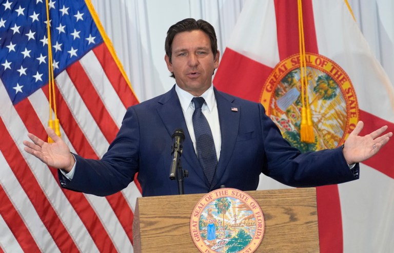 Gov. Ron DeSantis (R-FL) speaks during a news conference.