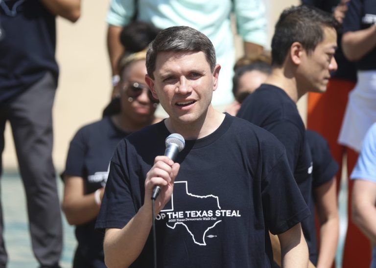 Texas state Rep. James Talarico (R) speaks at a rally.