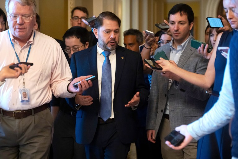 Sen. Ruben Gallego, D-Ariz., speaks to reporters at the Capitol on Wednesday, Oct. 1, 2025, in Washington, DC.