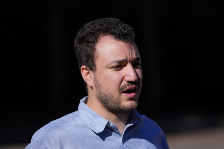 Palestinian activist Mahmoud Khalil holds a news conference outside Federal Court on Tuesday, Oct. 21, 2025 in Philadelphia.