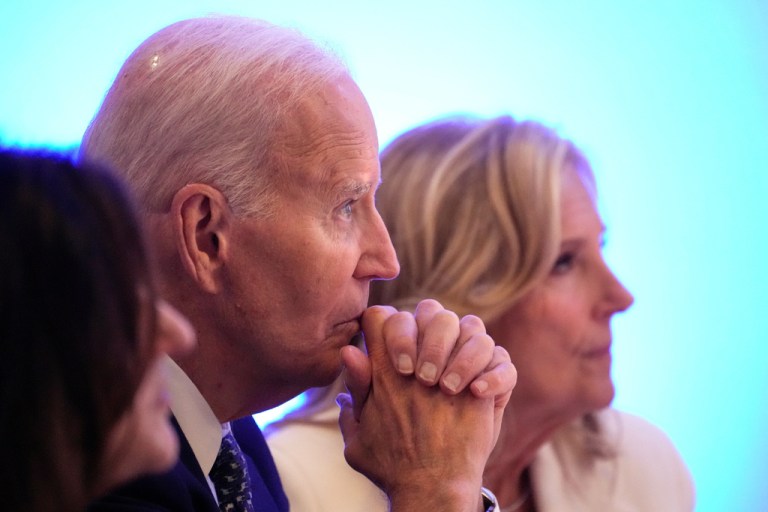 Former President Joe Biden listens to a speaker before receiving the Lifetime Achievement Award at the Edward M. Kennedy Institute's 10th Anniversary Celebration, Sunday, Oct. 26, 2025, in Boston.