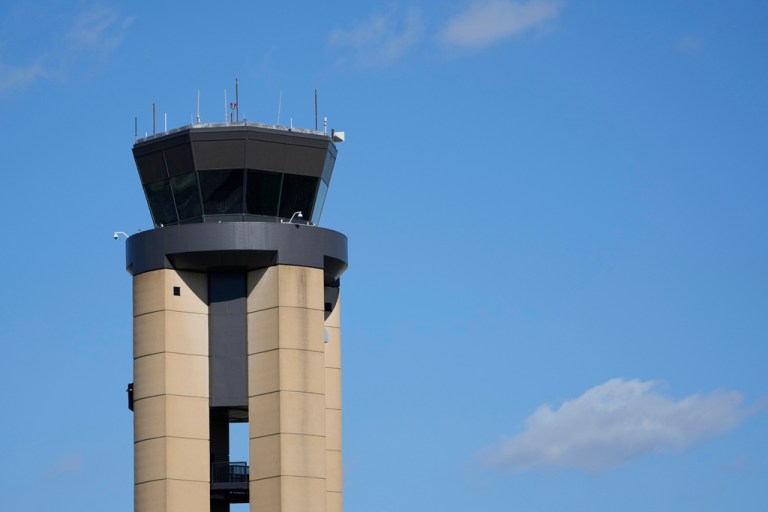 The control tower at Nashville International Airport stands Friday, Oct. 31, 2025, in Nashville, Tenn. (AP Photo/George Walker IV)