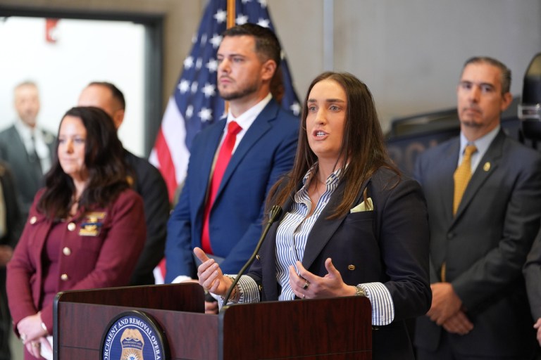 Immigration and Customs Enforcement Deputy Director Madison Sheahan speaks during a news conference with Florida ICE and law enforcement officials at the South Florida ICE offices.