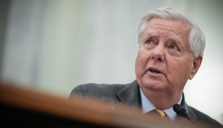 Sen. Lindsey Graham, R-S.C., introduces Adm. Kevin Lunday, acting commandant of the U.S. Coast Guard, during a Senate Commerce, Science and Transportation Committee hearing on the nomination Lunday for Commandant of the Coast Guard, Wednesday, Nov. 19, 2025, on Capitol Hill in Washington. (AP Photo/Julia Demaree Nikhinson)