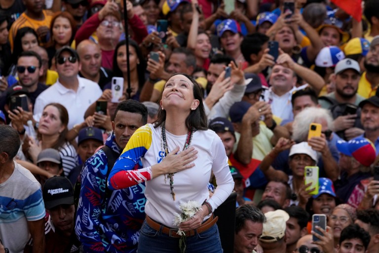Venezuelan opposition leader Maria Corina Machado addresses supporters at a protest against President Nicolas Maduro in Caracas, Venezuela, Jan. 9, 2025, a day ahead of Maduro's inauguration ceremony where he was then sworn in for a third term. (AP Photo/Ariana Cubillos, File)