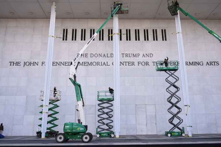 New signage, The Donald J. Trump and The John F. Kennedy Memorial Center For The Performing Arts, is unveiled on the Kennedy Center, Friday, Dec. 19, 2025, in Washington.