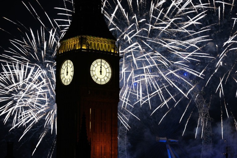 Big Ben with fireworks backdrop