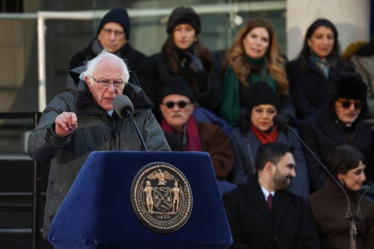 Sen. Bernie Sanders (I-VT) speaks during a public swearing-in ceremony for New York Mayor Zohran Mamdani.