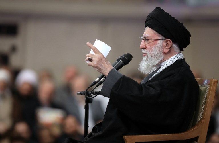 Supreme Leader Ayatollah Ali Khamenei speaks during a meeting in Tehran, Iran.