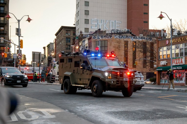 An armored vehicle carrying Venezuelan President Nicolas Maduro and his wife Cilia Flores arrives at Manhattan Federal Court, Monday, Jan. 5, 2026, in New York. (AP Photo/Stefan Jeremiah)