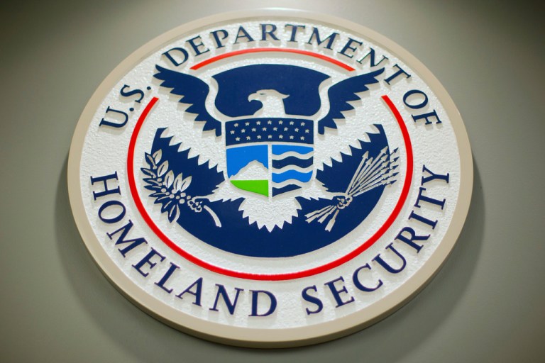 The Department of Homeland Security logo during a news conference in Washington, Feb. 25, 2015.