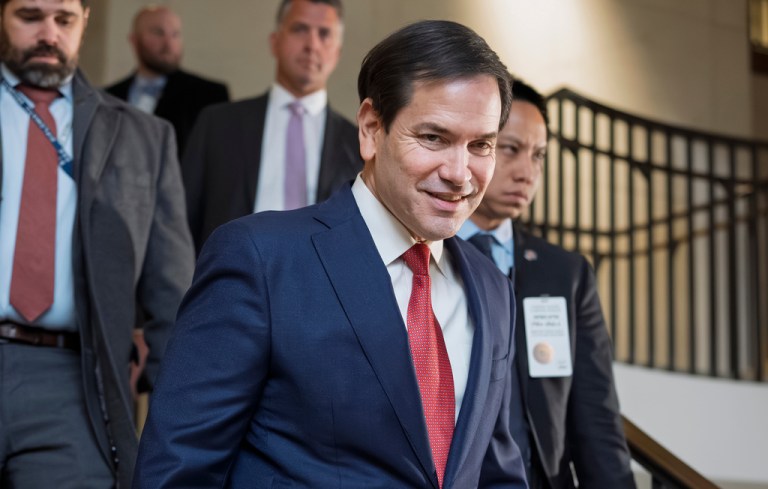 Secretary of State Marco Rubio arrives for a closed-door briefing with top lawmakers in a secure room at the Capitol.
