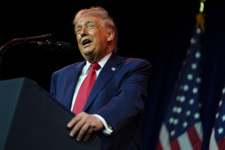 President Donald Trump speaks to House Republican lawmakers during their annual policy retreat.