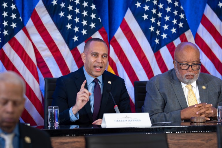 House Minority Leader Hakeem Jeffries, D-N.Y., left, and Rep. Bennie Thompson, D-Miss., the former chairman of the January 6th Select Committee, and other House Democrats hold an unofficial hearing on the 5th anniversary of the Jan. 6, 2021, riot by supporters of President Donald Trump who stormed into the U.S. Capitol to interrupt the certification of Democrat Joe Biden's election victory, at the Capitol in Washington, Tuesday, Jan. 6, 2026. (AP Photo/J. Scott Applewhite)