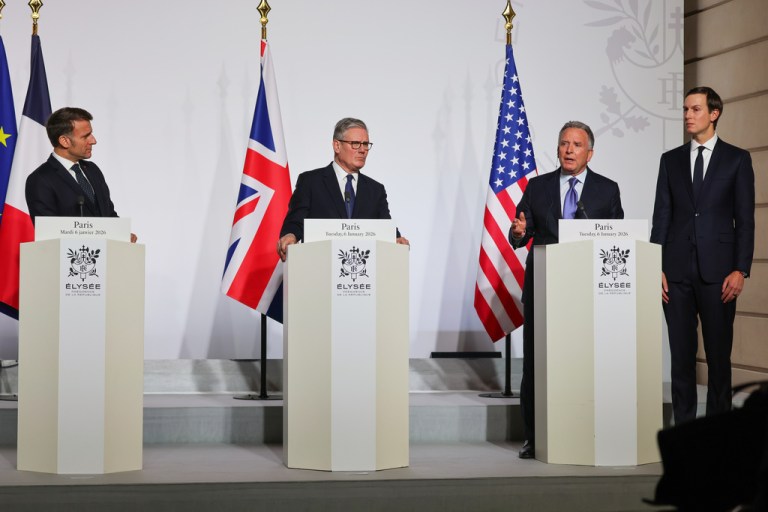 French President Emmanuel Macron, U.K. Prime Minister Keir Starmer, U.S. special envoy Steve Witkoff, and Jared Kushner attend a press conference.