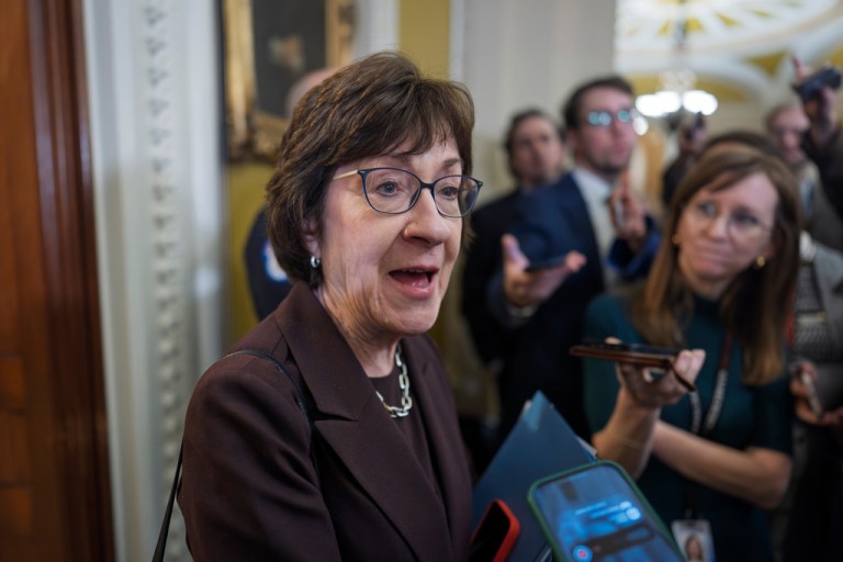 Susan Collins is met by reporters outside the Senate chamber, at the Capitol in Washington, Tuesday, Jan. 6, 2026.