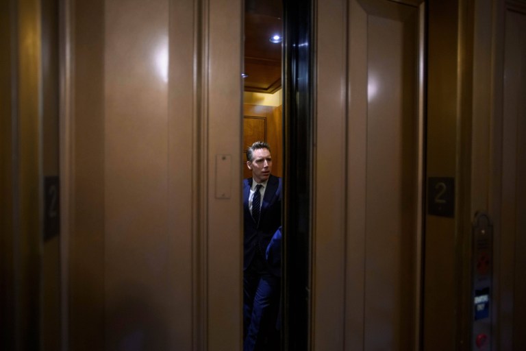 Sen. Josh Hawley, R-Mo., boards an elevator during a vote at the Capitol, Tuesday, Jan. 6, 2026, in Washington