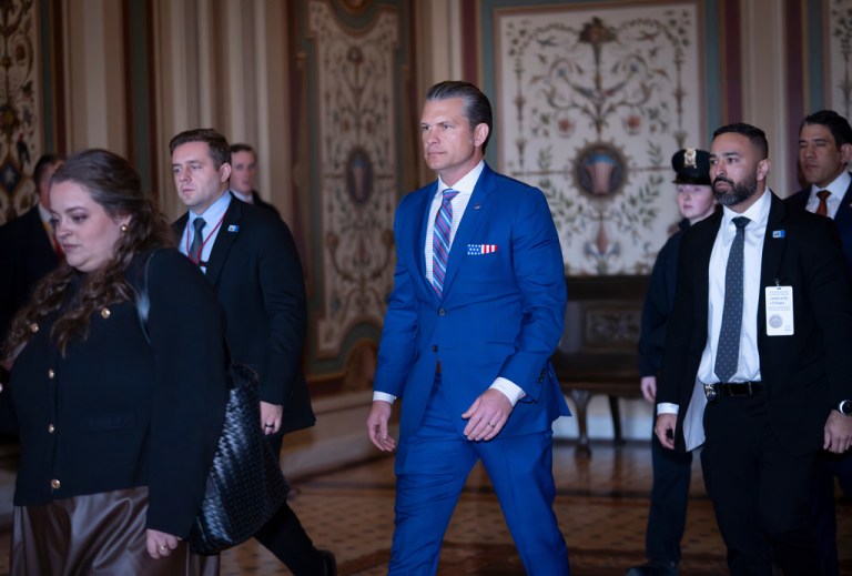 War Secretary Pete Hegseth arrives for a classified briefing with senators on the situation in Venezuela at the Capitol in Washington.
