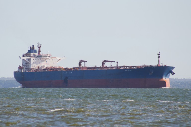 The oil tanker named Xanthos Eos steam on Lake Maracaibo, Venezuela.