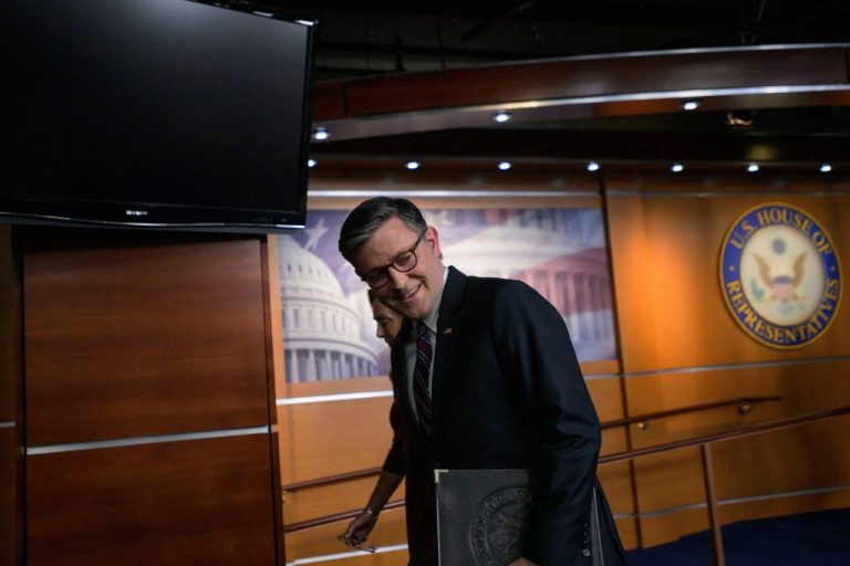 Speaker of the House Mike Johnson departs following a news conference at the Capitol, Wednesday, Jan. 7, 2026.