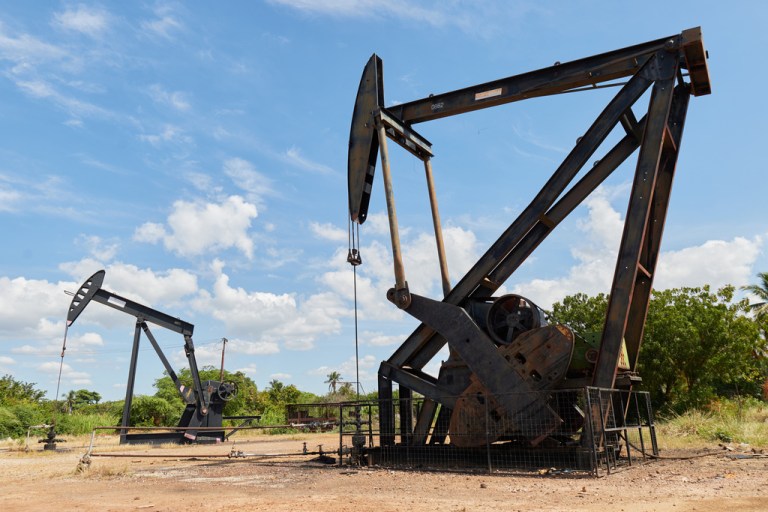 An abandoned oil pump jack stands in Cabimas, Venezuela.