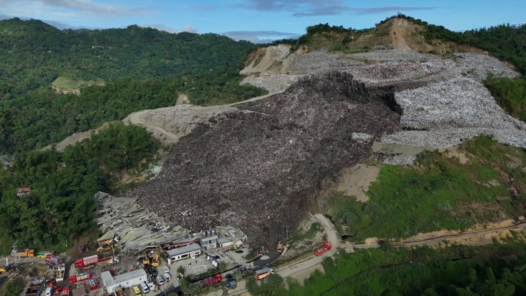 An aerial view of a huge mound of garbage that collapsed at a waste segregation facility in Binaliw, Cebu city on Friday, Jan. 9, 2026.