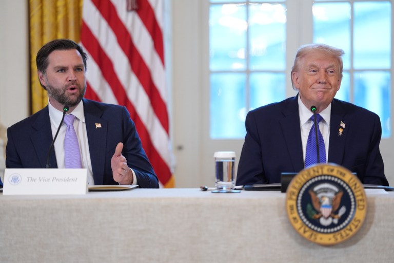 Vice President JD Vance speaks as President Donald Trump listens during a meeting with oil executives in the East Room of the White House, Friday, Jan. 9, 2026, in Washington.