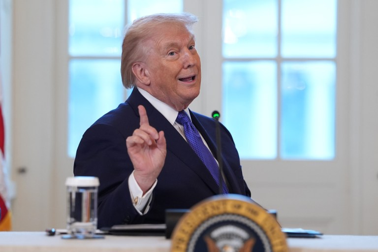 President Donald Trump talks.