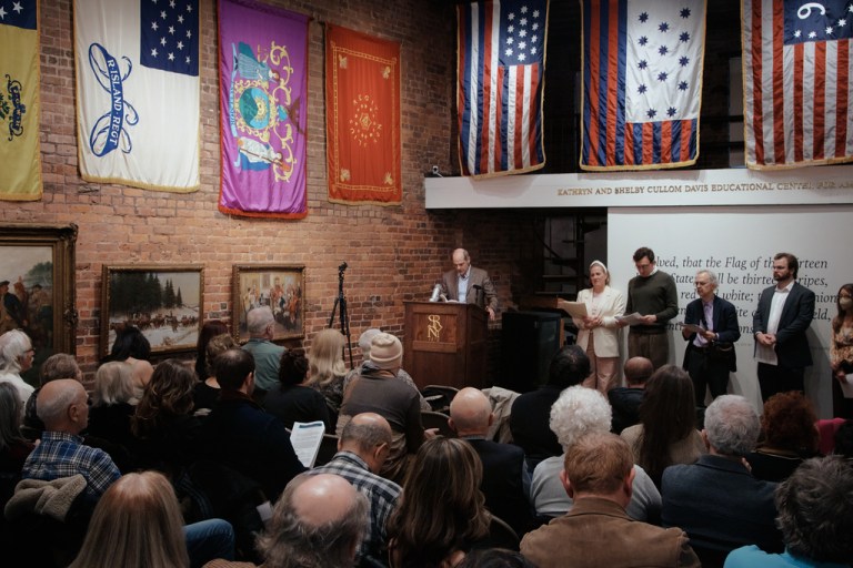 A man orates selected readings from Thomas Paine's Common Sense during an event commemorating the 250th anniversary of the pamphlet's publication at the Fraunces Tavern Museum on Saturday, Jan. 10, 2026, in New York.