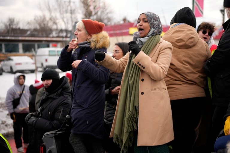 U.S. Representatives for Minnesota, Ilhan Omar, right, speaks during a rally for Renee Good, who was fatally shot by an ICE officer earlier in the week, in Minneapolis, Saturday, Jan. 10, 2026.