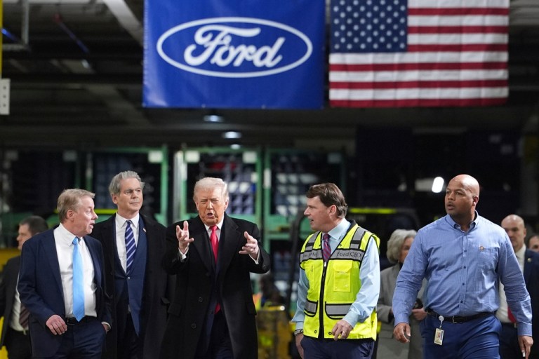 President Donald Trump speaks during a tour of the Ford River Rogue complex.