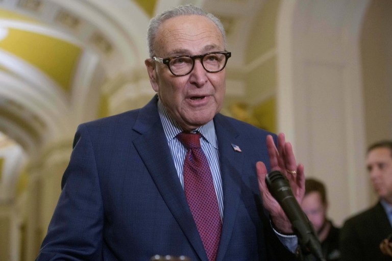 Senate Minority Leader Chuck Schumer, D-N.Y., speaks during the Senate Democrat policy luncheon news conference at the Capitol, Tuesday, Jan. 13, 2026, in Washington. (AP Photo/Rod Lamkey, Jr.)