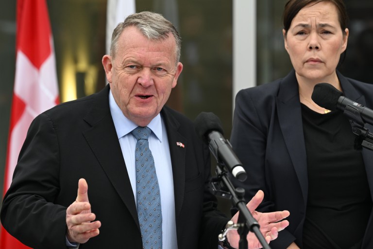 Denmark's Foreign Minister Lars Løkke Rasmussen and Greenland's Foreign Minister Vivian Motzfeldt speak at a news conference at the Danish Embassy in Washington.
